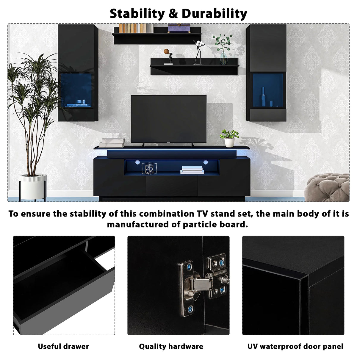 Black 5 Pieces Wall Mounted TV Stand with LED Light Strips E395