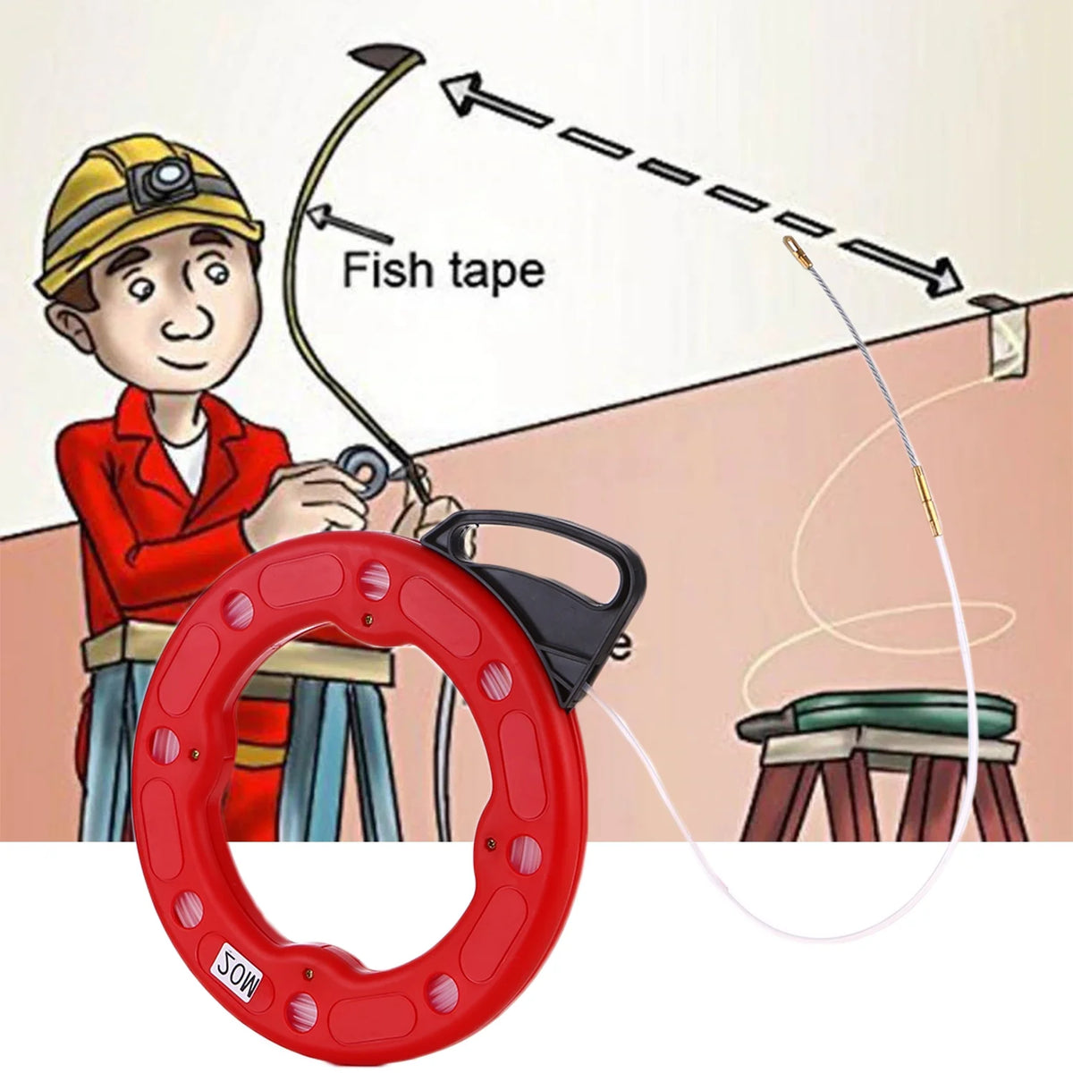 20M Fiberglass Fish Tape Reel Conductive Cable Puller with Impact Case O46559