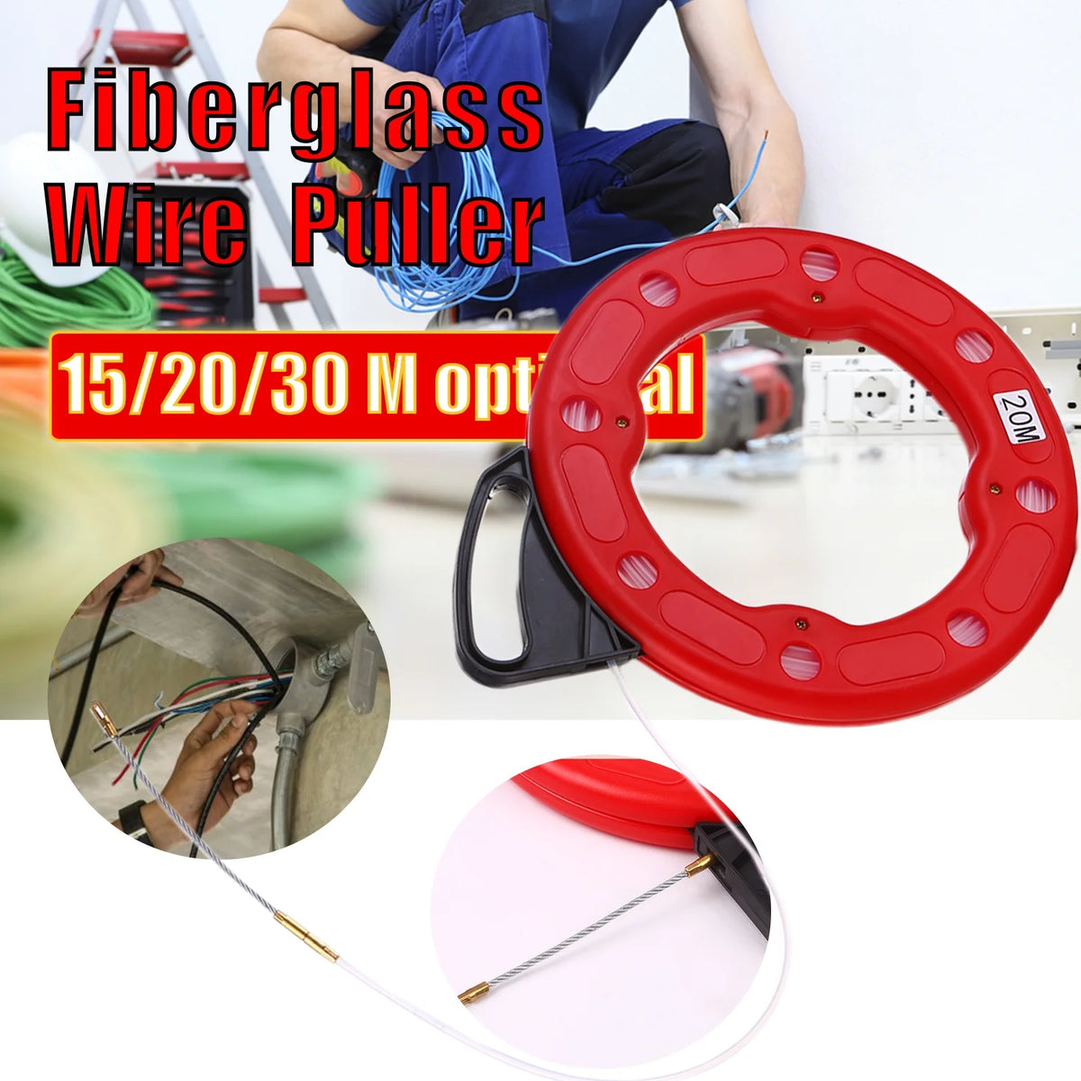 20M Fiberglass Fish Tape Reel Conductive Cable Puller with Impact Case O46559