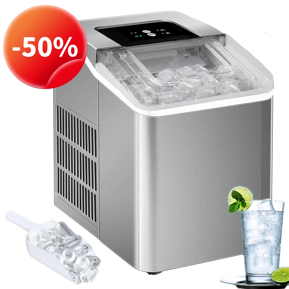 2 Ice Size Ice Maker Machine Countertop, 28 lbs in 24 Hrs, 9 Cubes Ready in 5 Mins, Self-clean, 2 L, Silver H191