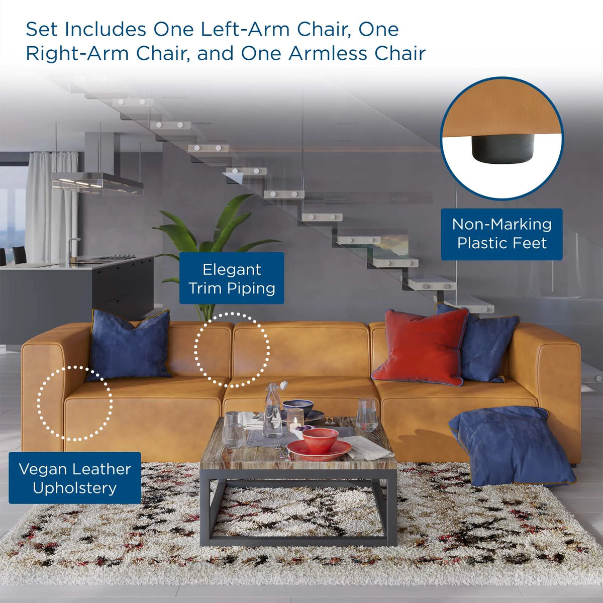 Tan Faux Vegan Leather Sectional Sofa Set O256