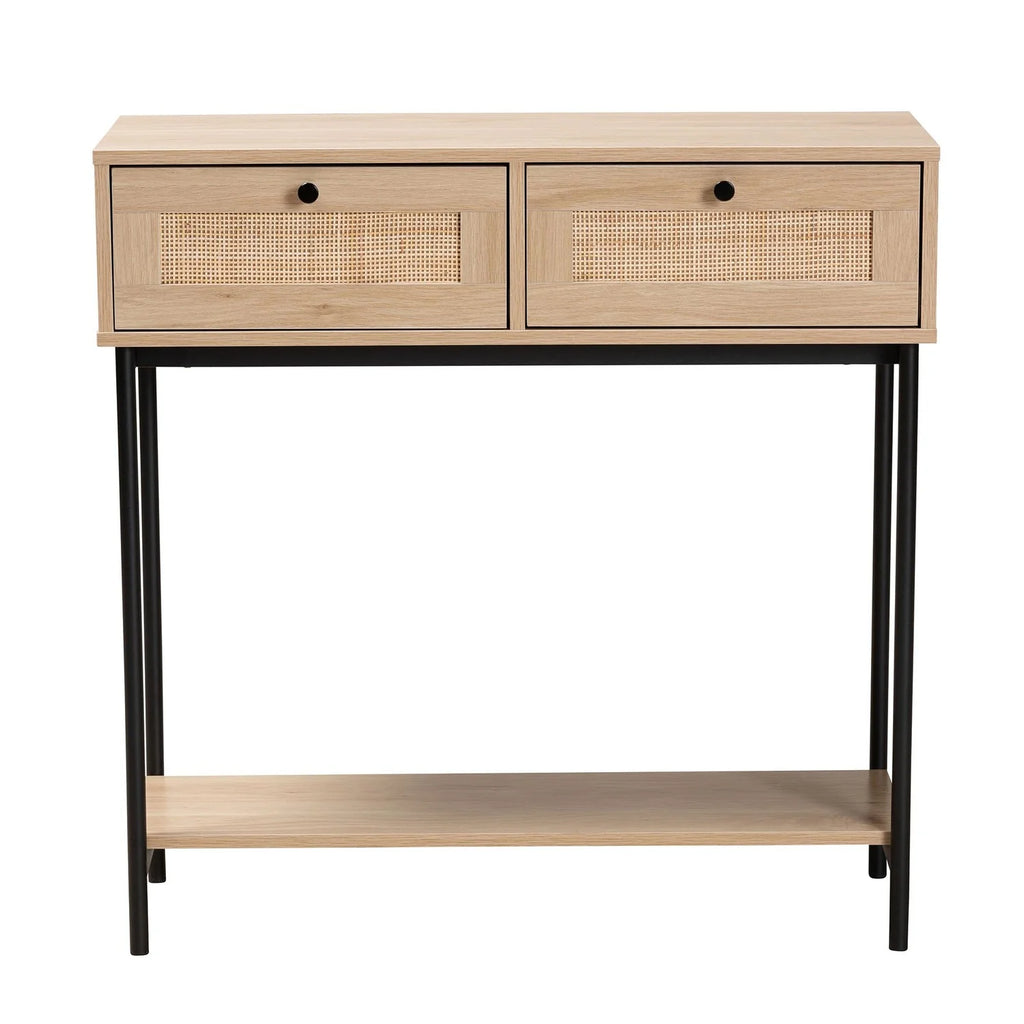 Brown and Black 2-Drawer Console Table with Rattan Accent I223158