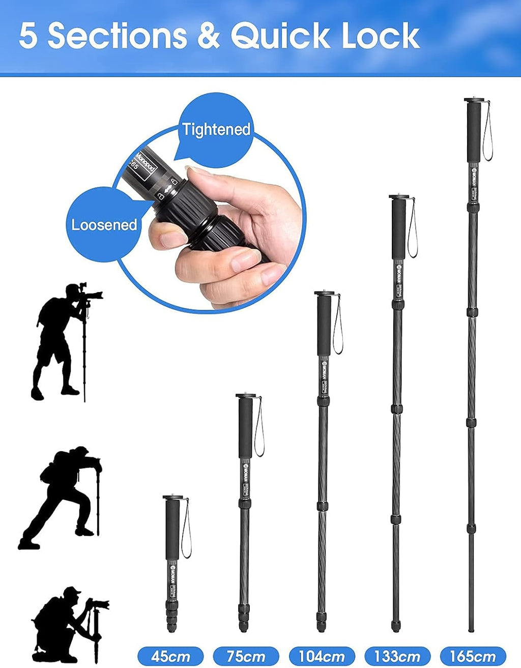 Carbon Fiber Camera Monopod with Removable Base, 5-Section Leg 65” Max. Height J900