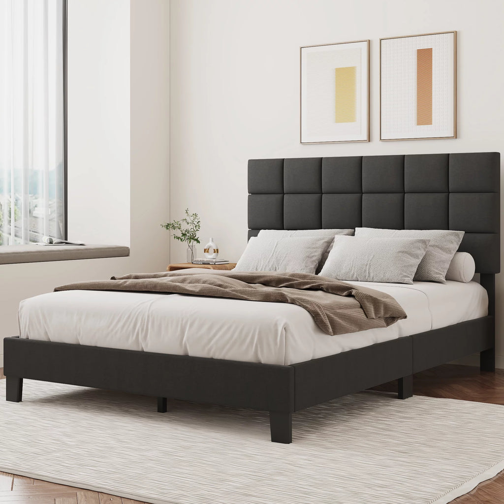 Queen Size Upholstered Bed Frame with Adjustable Headboard Q944