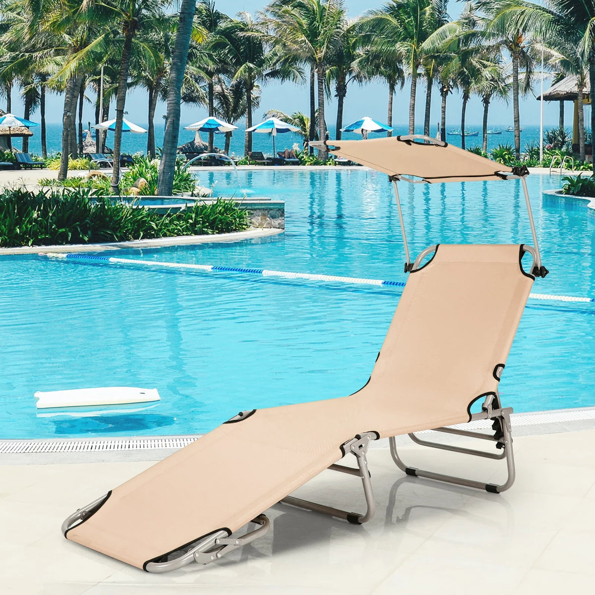 Beige Foldable Lounge Chair with Sun Shade K4114