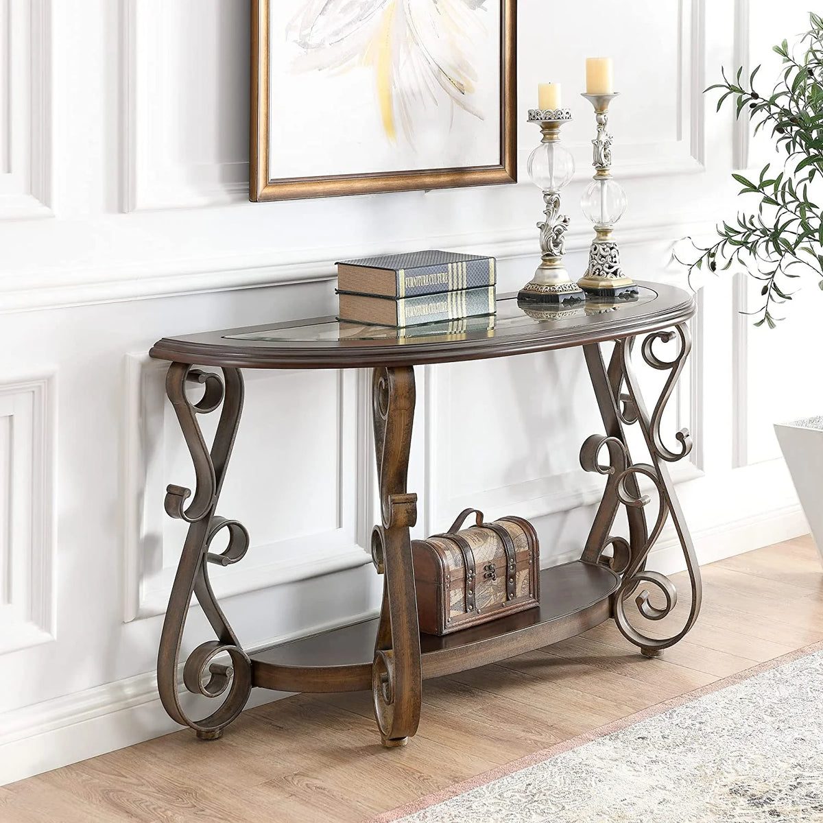 Traditional Half Sofa Table with Beveled Glass Top and Scrollwork Metal Legs C784246