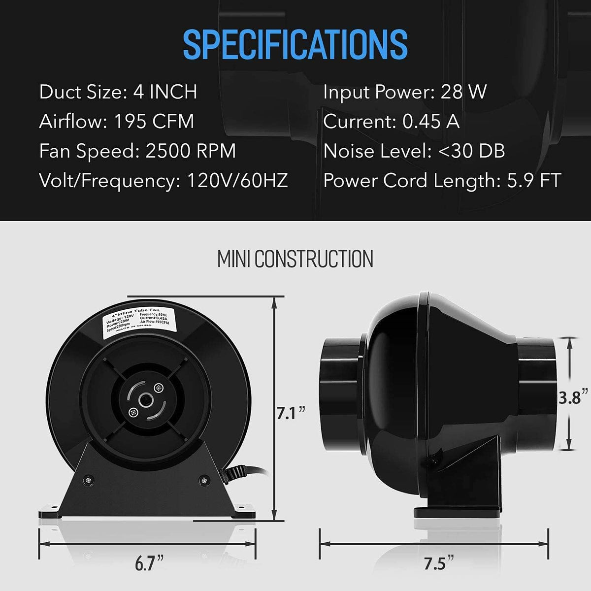 4 Inch 195 CFM Inline Fan, Carbon Filter, 8 Feet Flexible Ducting, Pack of 2 V579