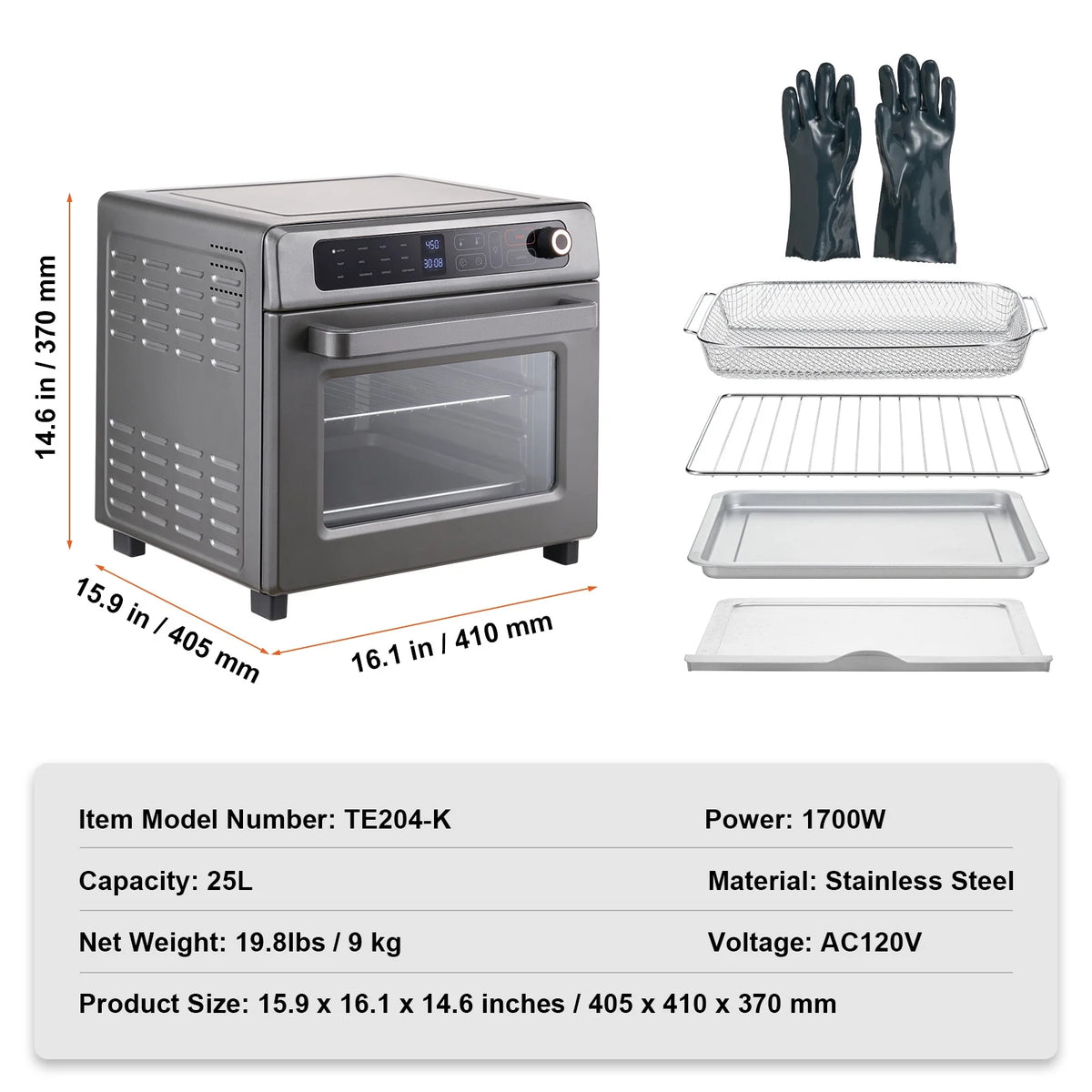 12-IN-1 1700W Air Fryer Toaster Oven 25L Stainless Steel Convection Oven W177