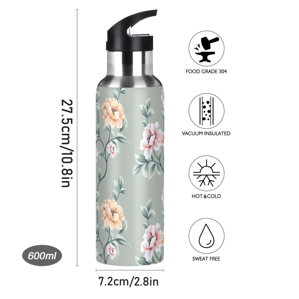 Pink Flowers Stainless Steel Insulated Water Bottle with Straw Lid A35844