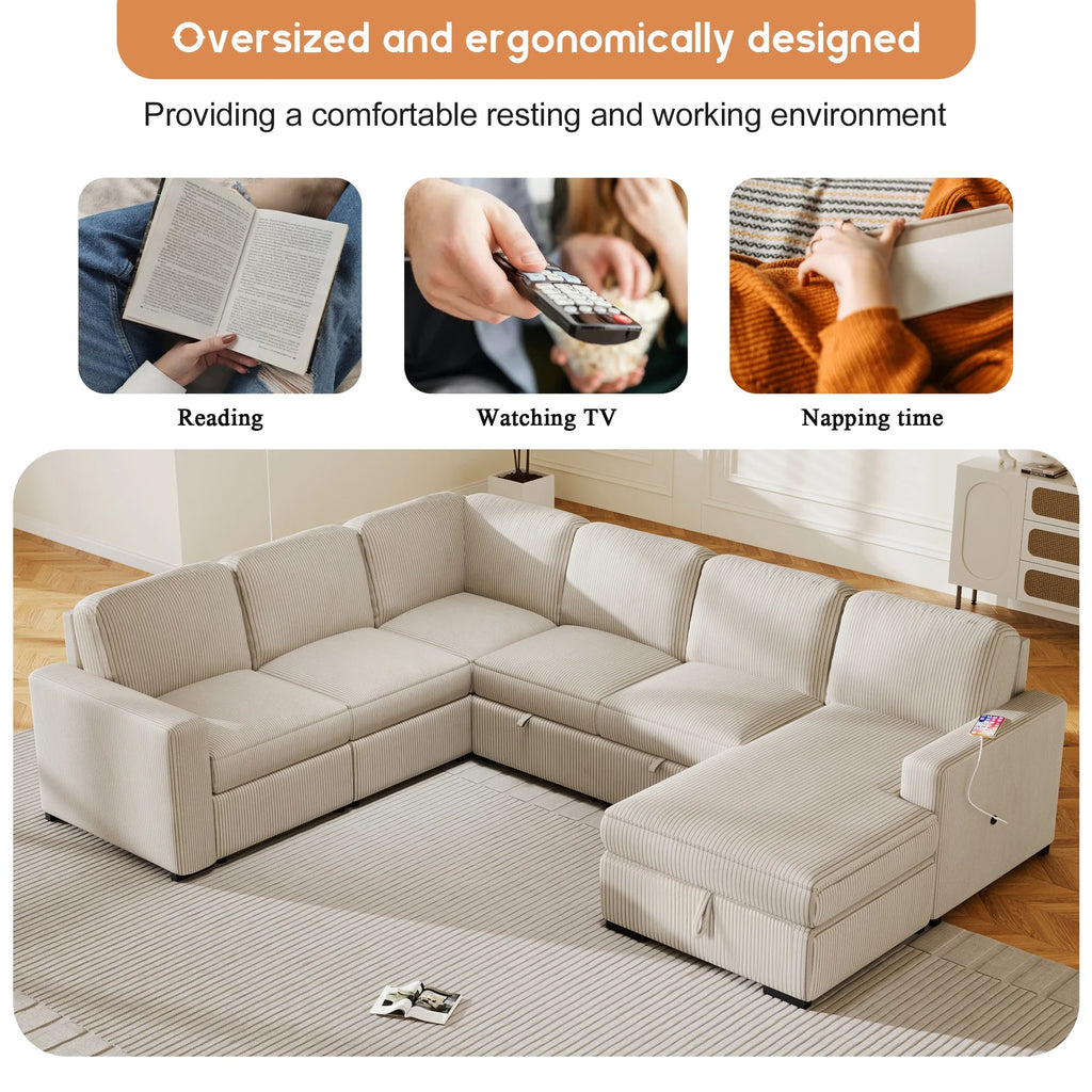 Beige 7-Seater Corduroy Sectional Sofa with Storage Chaise N92308