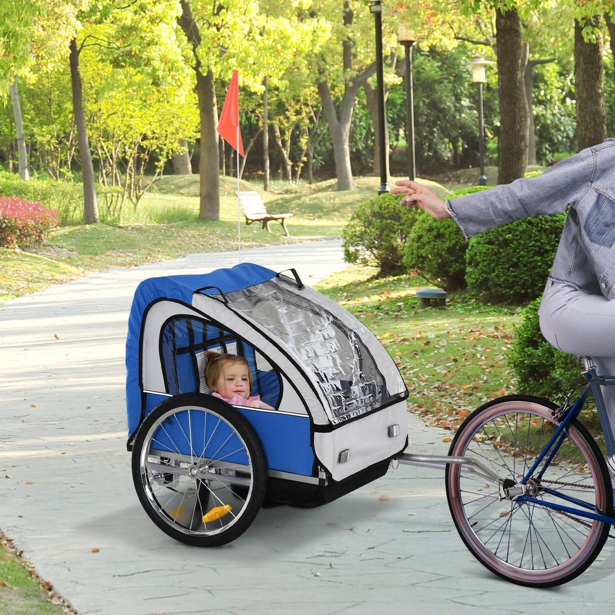 2-Seat Kids Bicycle Trailer with Steel Frame, 5-Point Safety Harnesses, Blue T98580