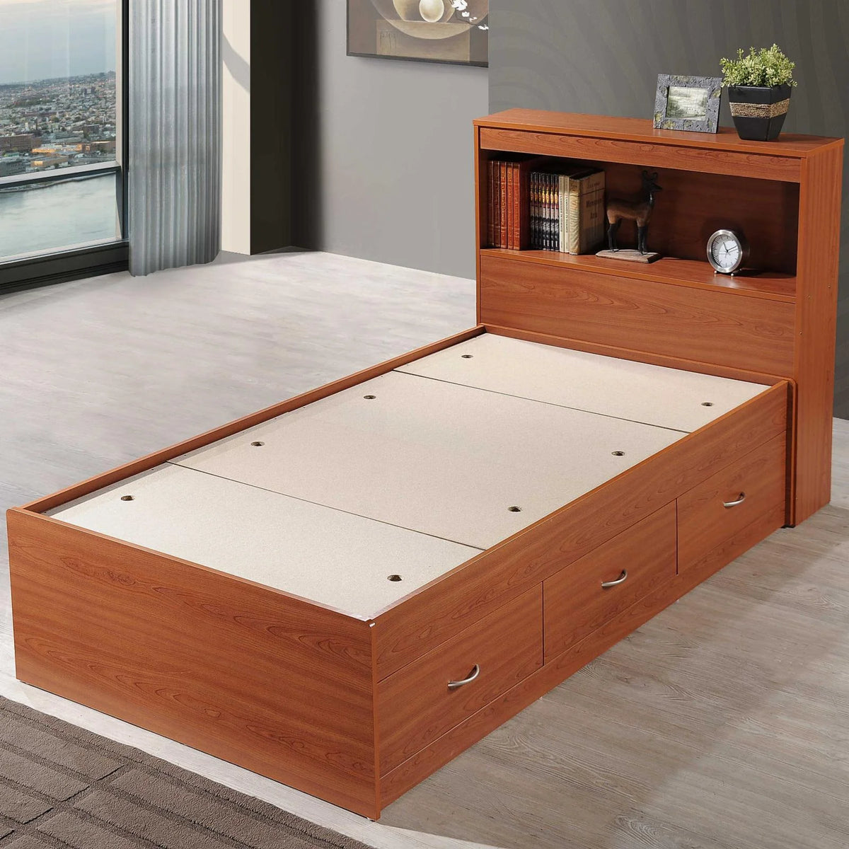 Twin Size Captain Bed with 3 Drawers and Headboard in Black Wood W4487