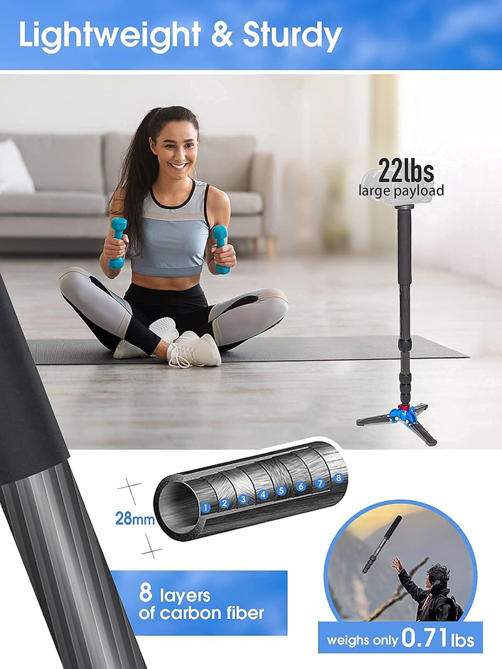 Carbon Fiber Camera Monopod with Removable Base, 5-Section Leg 65” Max. Height J900