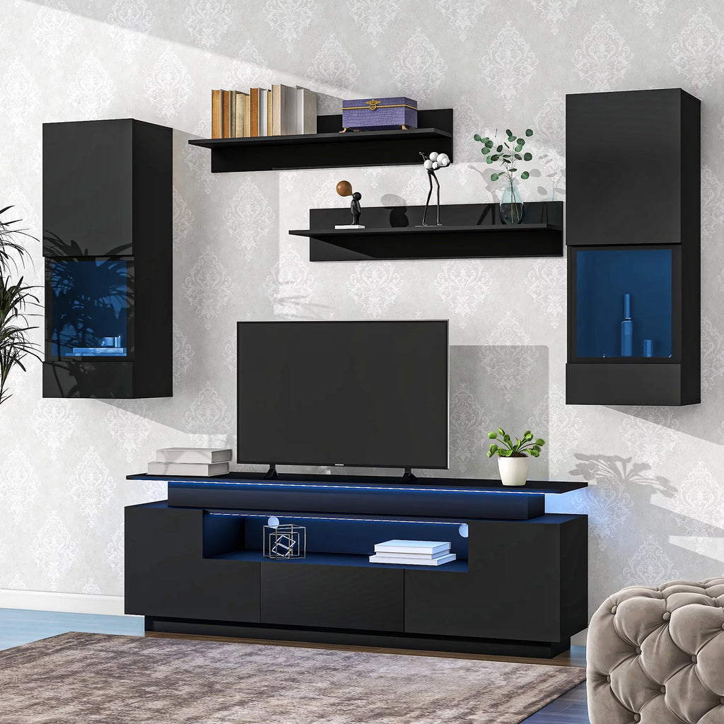 Black 5 Pieces Wall Mounted TV Stand with LED Light Strips E395