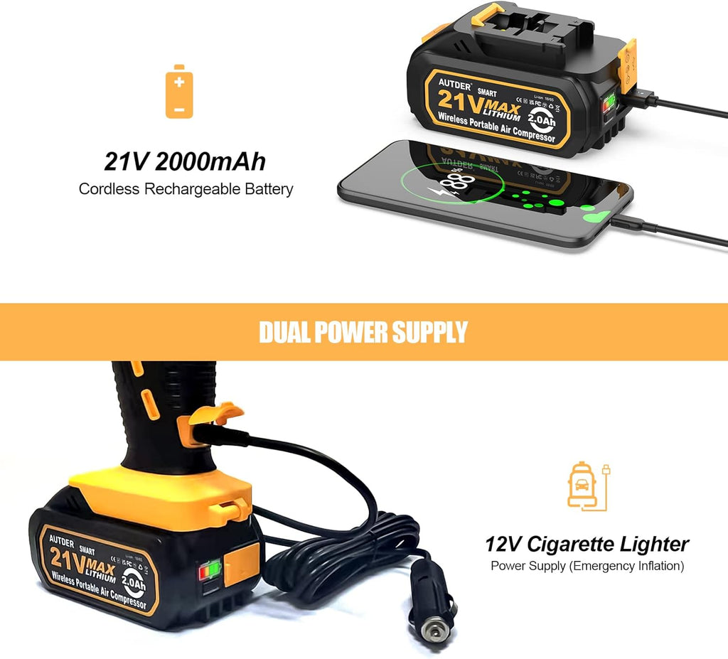 21V Cordless Tire Inflator Air Compressor with Digital Pressure Gauge, 180PSI, Pack of 2 Y858