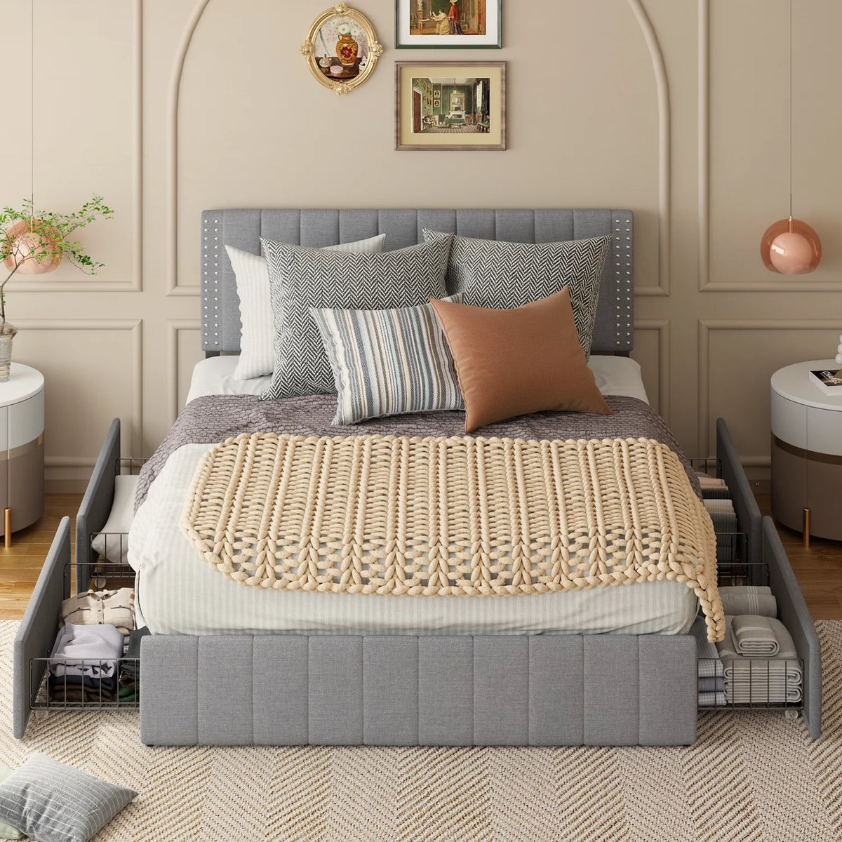 Queen Bed Frame with Adjustable Headboard and 4 Storage Drawers F5487