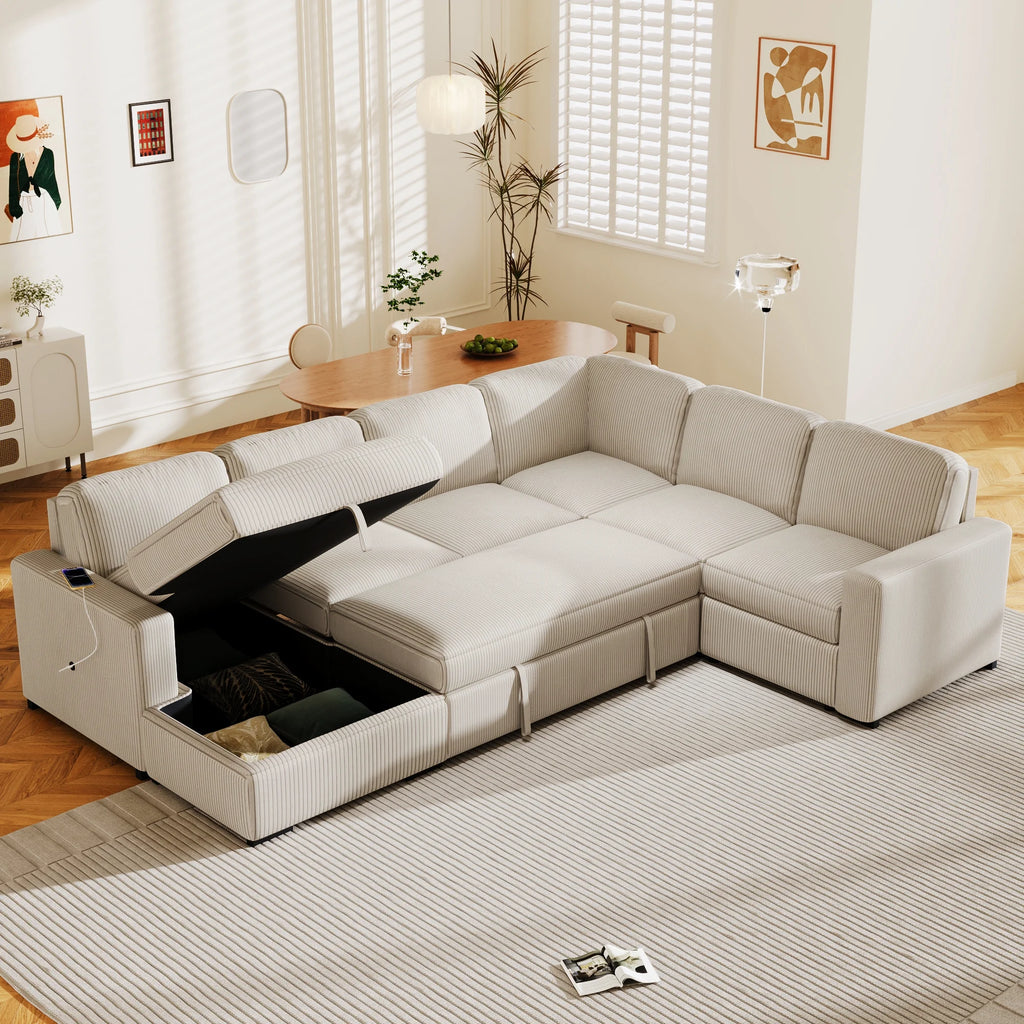 Beige 7-Seater Corduroy Sectional Sofa with Storage Chaise N92308