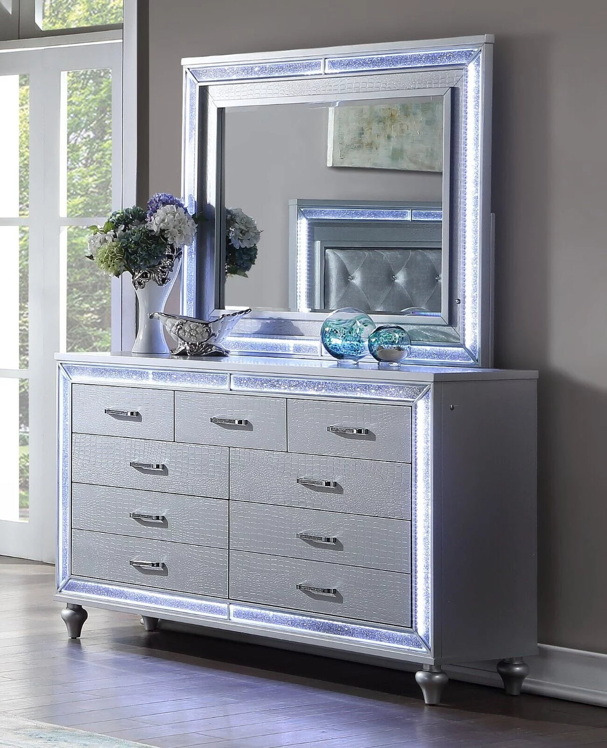 King Size Upholstered Bed Dresser Mirror Nightstand 5pc Set J545954
