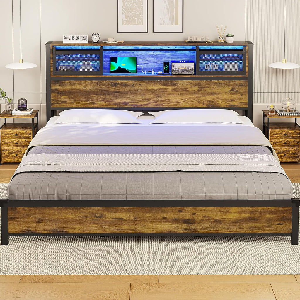 Queen Size Metal Platform Bed Frame with Storage Headboard and 4 Drawers W635