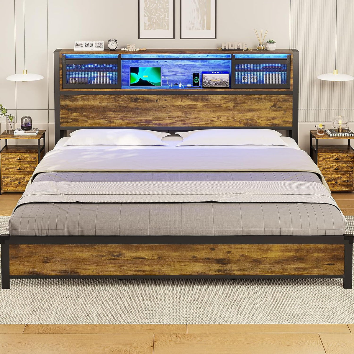 Queen Size Metal Platform Bed Frame with Storage Headboard and 4 Drawers W635