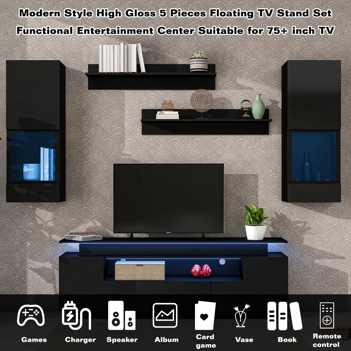 Black 5 Pieces Wall Mounted TV Stand with LED Light Strips E395