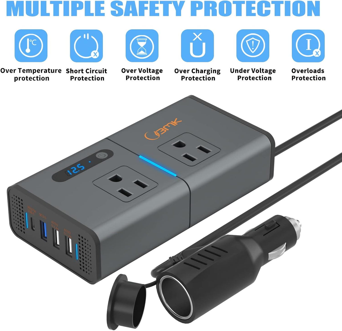 200W Car Power Inverter DC 12V to 110V with USB and Type C Ports Pack of 2 L986