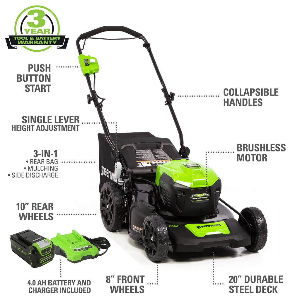 40V 20" Brushless Push Lawn Mower with 4.0 Ah Battery & Quick Charger J8811