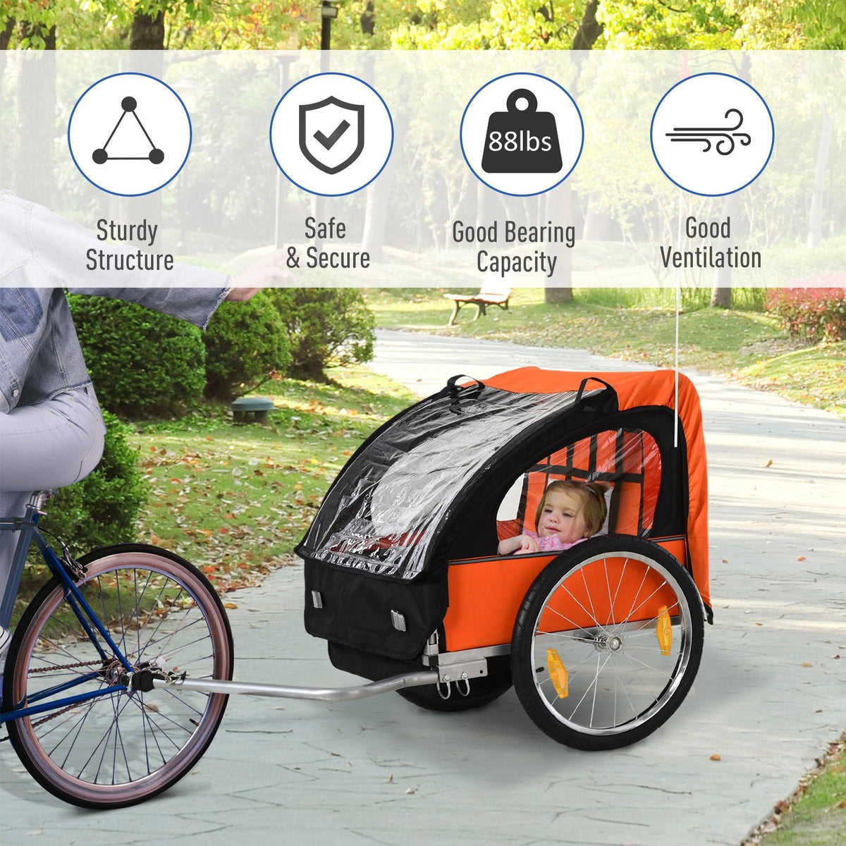 2-Seat Kids Bicycle Trailer with Steel Frame, 5-Point Safety Harnesses, Blue T98580