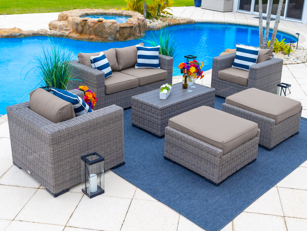 6-Piece Resin Wicker Outdoor Patio Furniture Lounge Sofa Set with Loveseat, Two Armchairs, Two Ottomans, and Coffee Table R5957