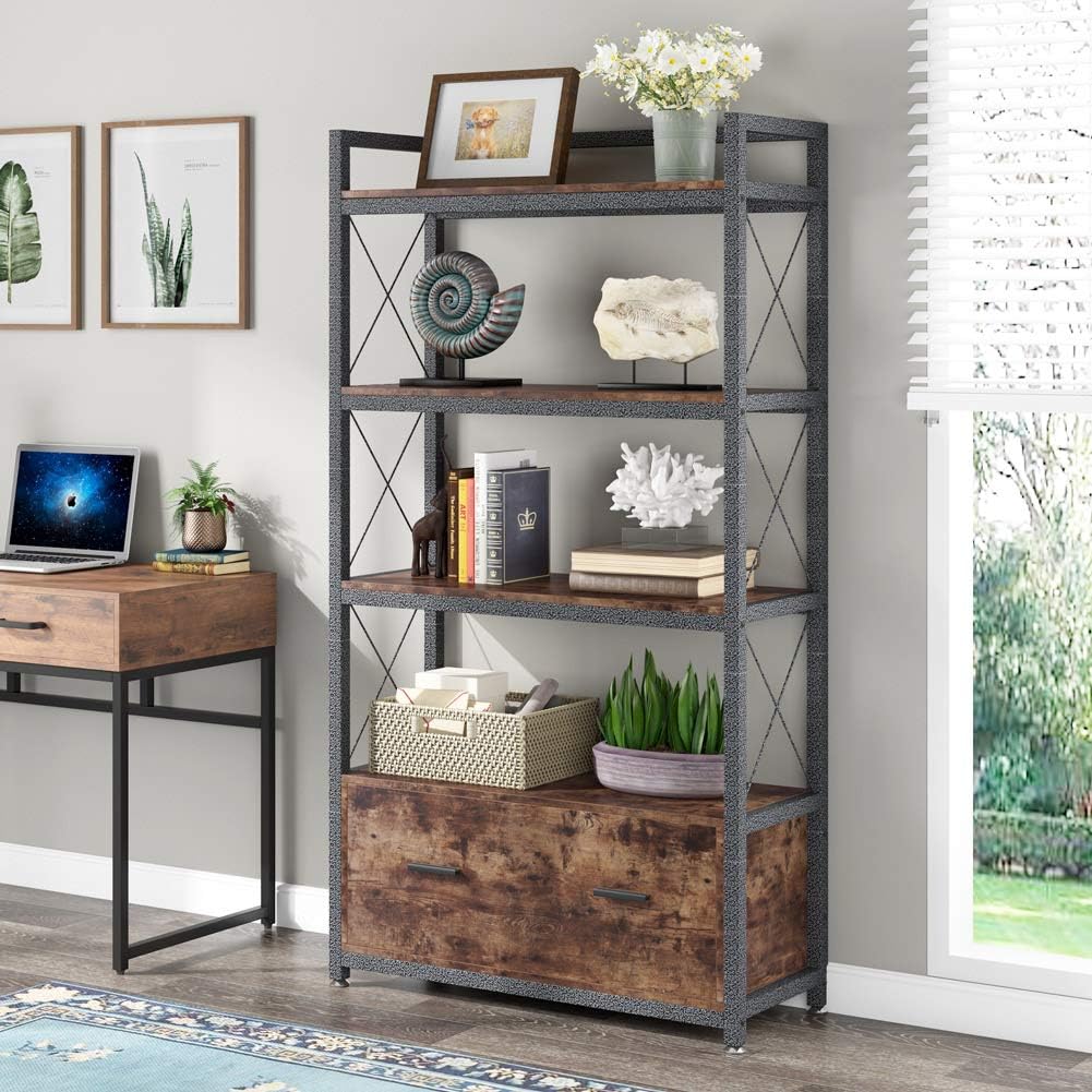 Freestanding Lateral Filing Cabinet with Drawer and Open Storage Shelves U8562