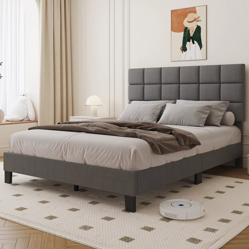 Queen Size Upholstered Bed Frame with Adjustable Headboard Q944