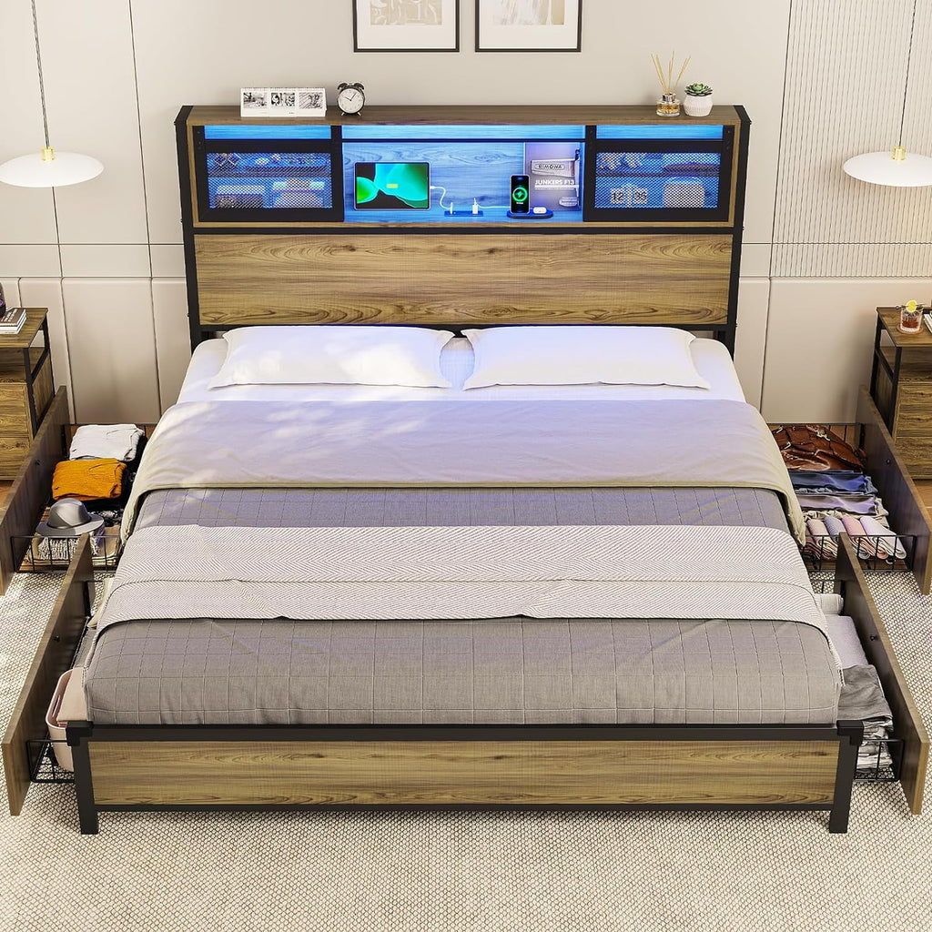Queen Size Metal Platform Bed Frame with Storage Headboard and 4 Drawers W635