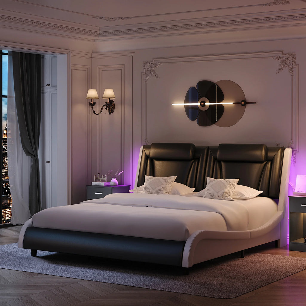 Queen LED PU Leather Upholstered Platform Bed with Adjustable Headboard E789