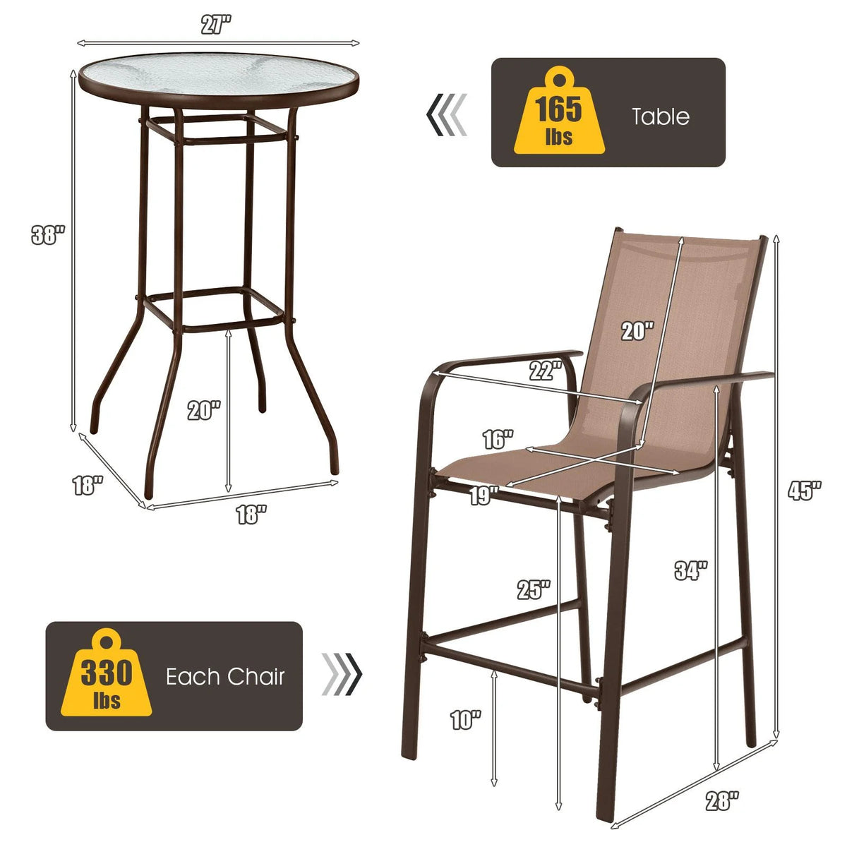 3 Pieces Outdoor Patio Bar Set with 2 Bar Stools and Tempered Glass Bar Table, Black E791