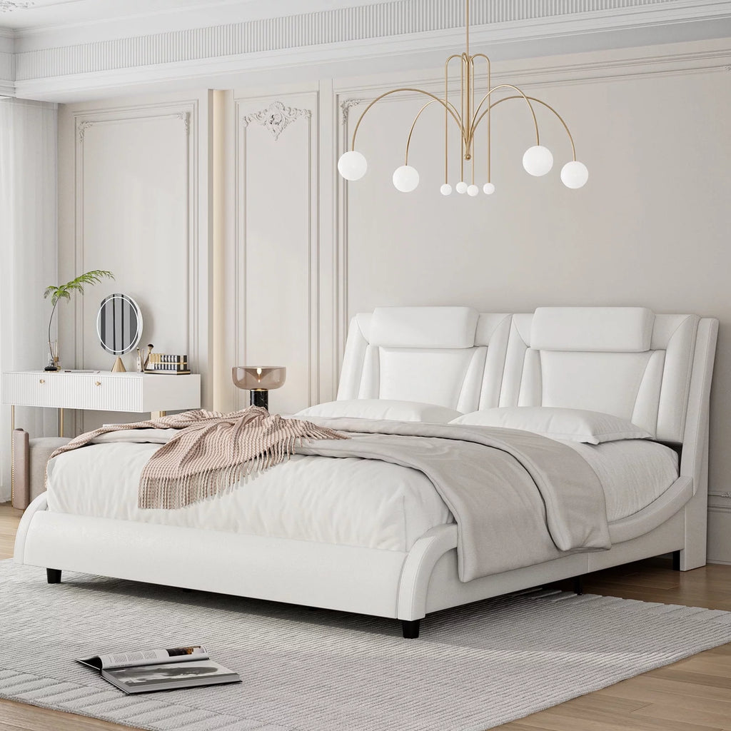Queen LED PU Leather Upholstered Platform Bed with Adjustable Headboard E789