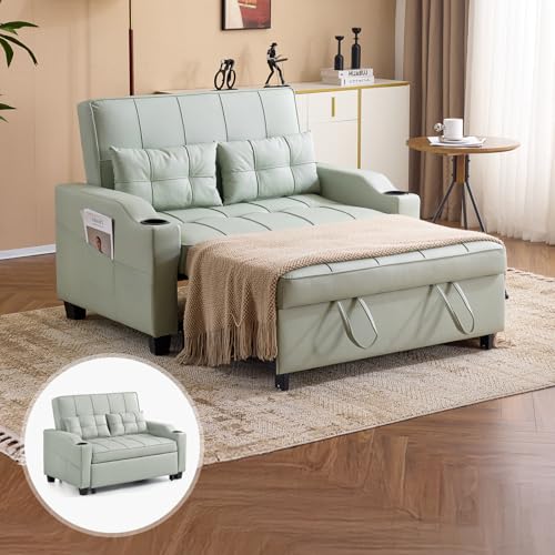 Light Green Faux Leather Convertible Futon Sofa Bed with USB Ports Z81382