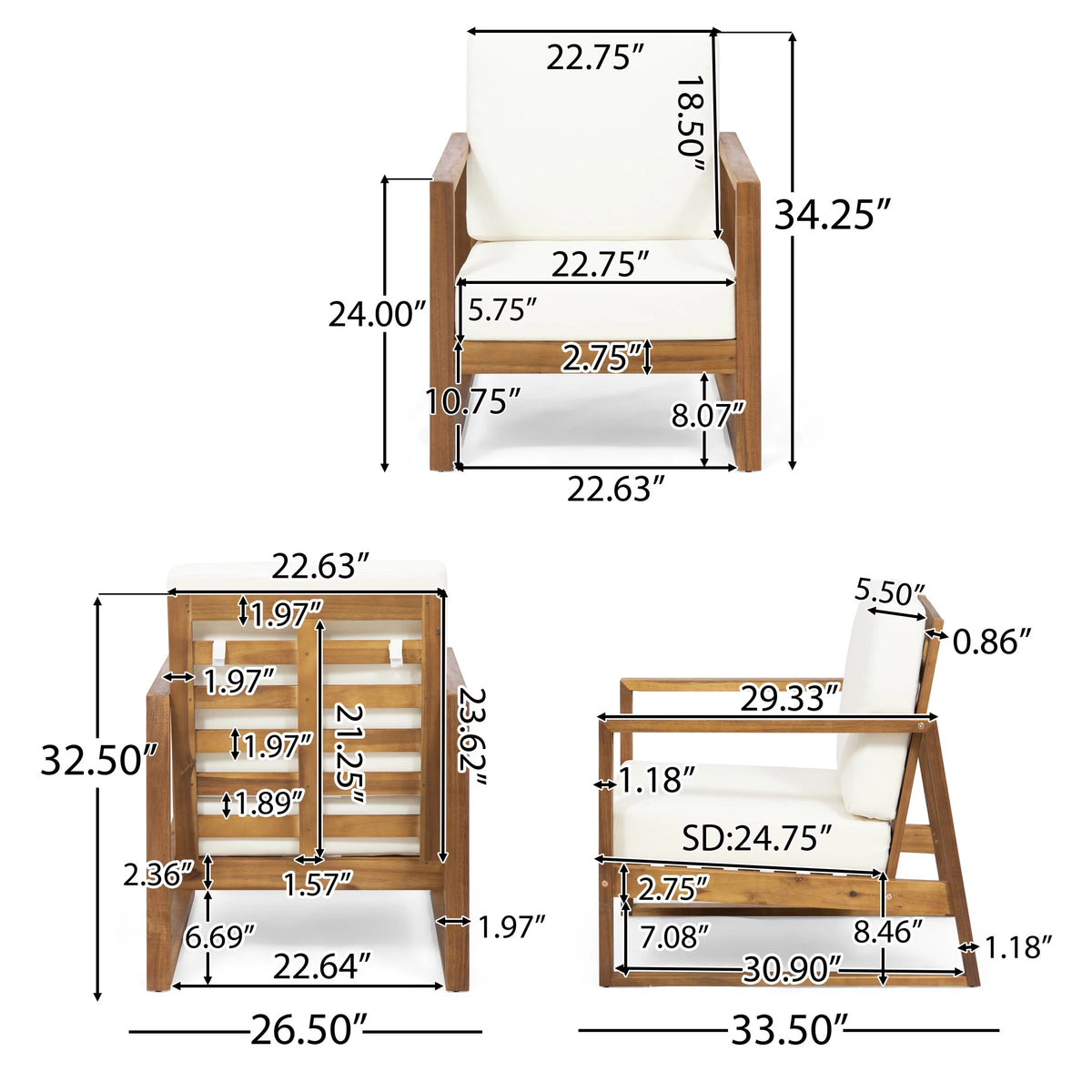 Acacia Wood Outdoor Club Chair with Cushion M8827