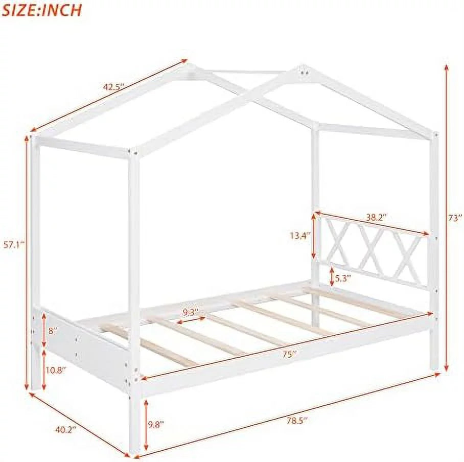 Twin Size Wood House Bed with Desk and Roof A50896