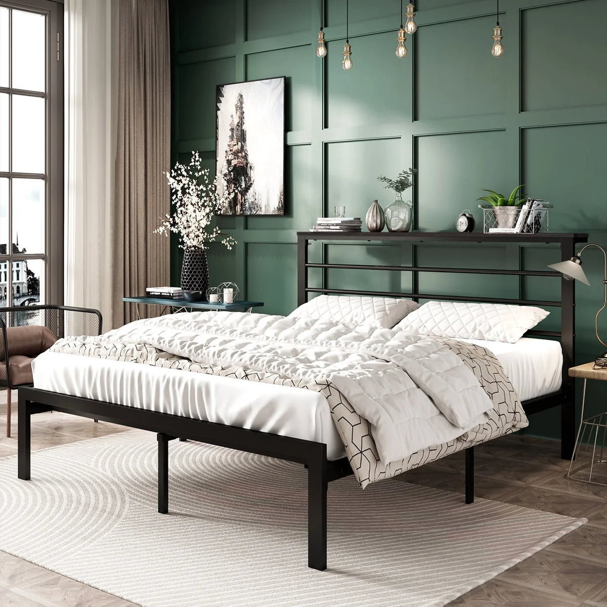 Black Queen Size Metal Platform Bed Frame with Headboard X966