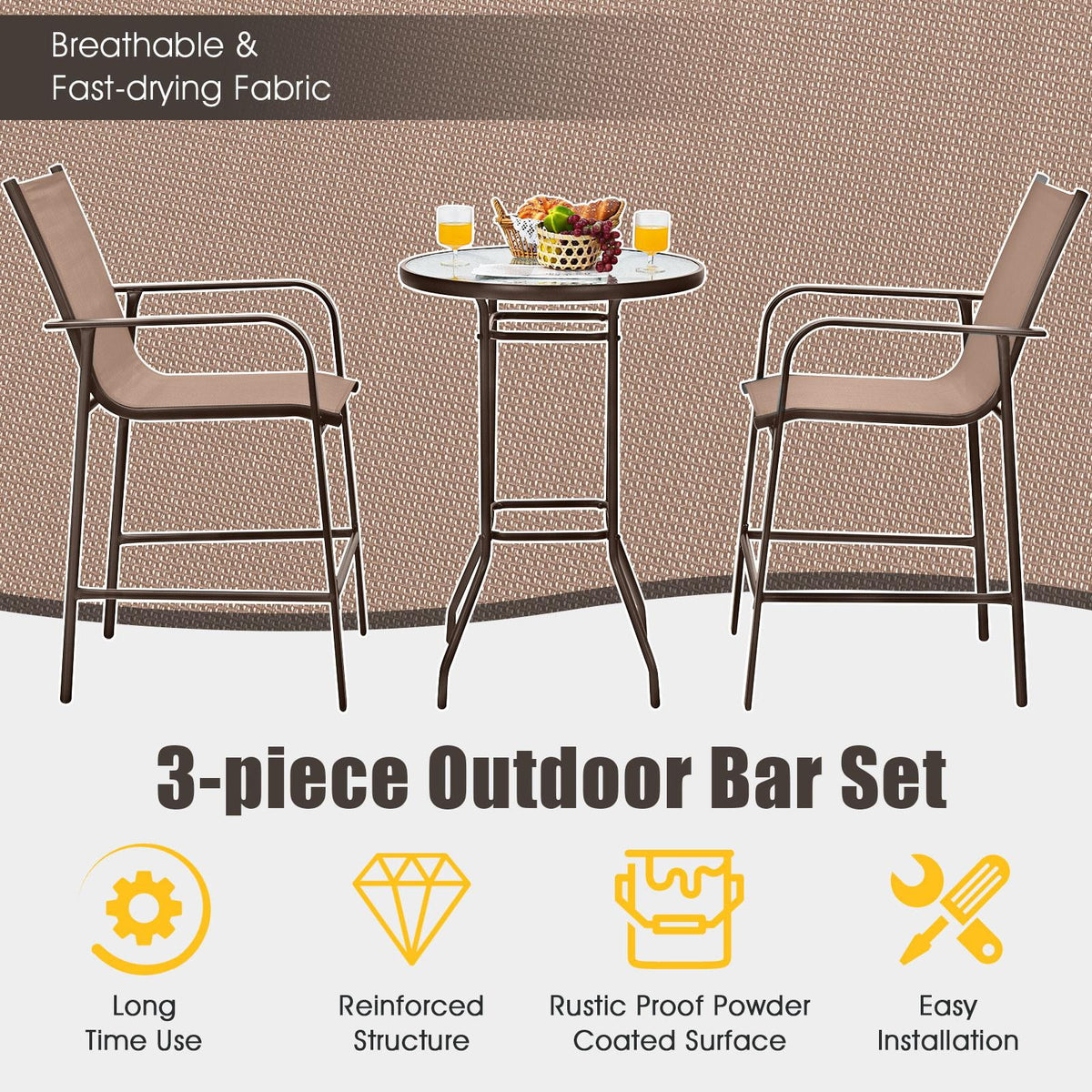 3 Pieces Outdoor Patio Bar Set with 2 Bar Stools and Tempered Glass Bar Table, Black E791