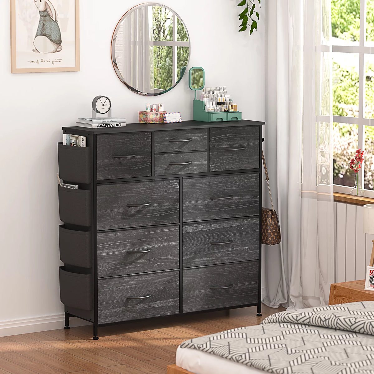 Black 10 Drawer Fabric Dresser with Wood Top G6790