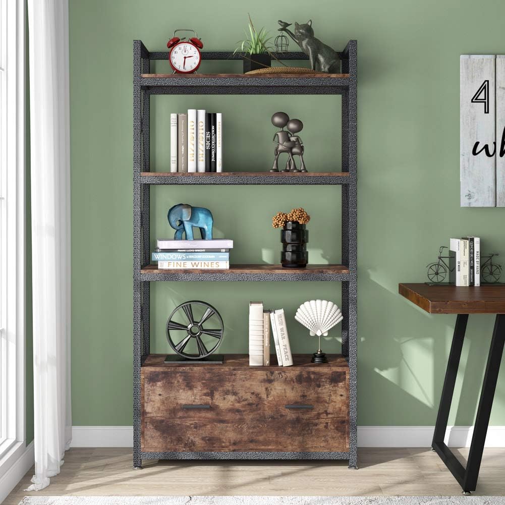 Freestanding Lateral Filing Cabinet with Drawer and Open Storage Shelves U8562